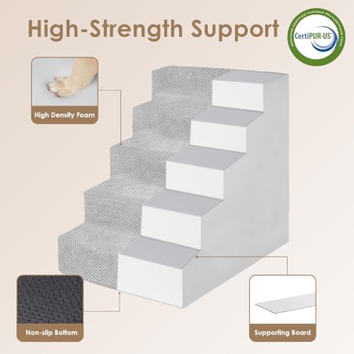 EHEYCIGA Dog Stairs for High Bed 25" H, Extra Wide Dog 5-Step, Light Grey - Image 3