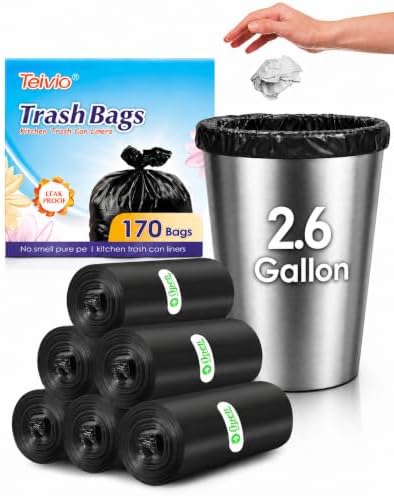 Teivio Small Black Trash Bags 2.6 Gallon 170 Count Unscented Garbage Bags by Teivio