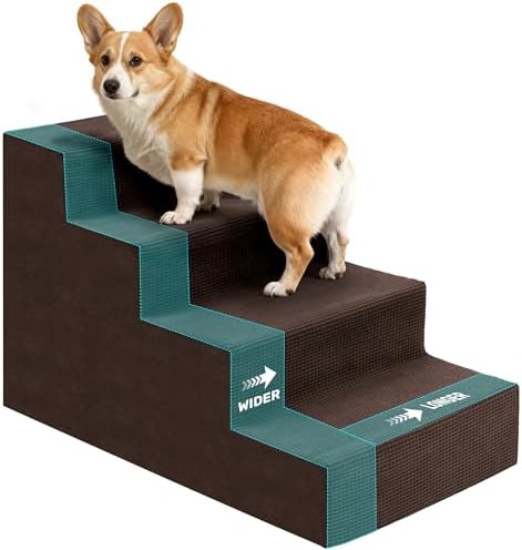 Dog Stairs for Bed, Extra Wide 4-Step Dog Steps for High Bed, High-Density Foam by Heeyoo