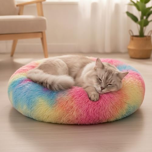 Cat Bed for Indoor Cats, Donut Washable Bed for Kittens, Small Dogs Rainbow - Image 5