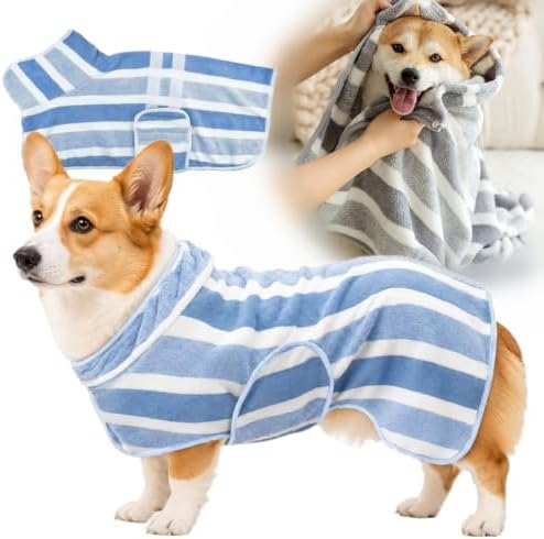 Quick-Dry Dog Bathrobe, Absorbent Striped Pet Towel Coat，Blue：S by Unknown