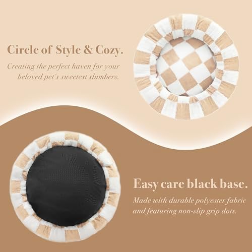 Ohocut Checkered Cat Dog Bed, Cute Beige Khaki Retro Style Aesthetic Round - Image 4