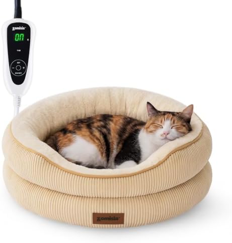ZOMISlA Heated Cat Bed for Indoor Cats, 25 Timer & 11 Temp Adjustable Khaki by Zomisia