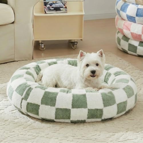 Ohocut Checkered Dog Bed, Cute Sage Green Retro Style Aesthetic Round Warming by Ohocut