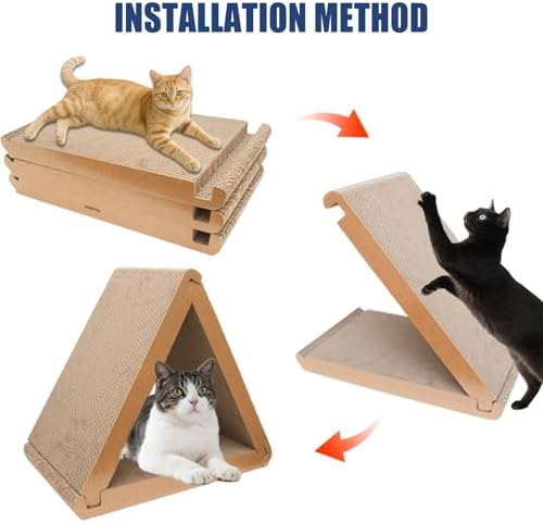 3 Pack Cardboard Cat Scratcher & Scratch Pad, Buildable Triangle Cat House w/ - Image 3