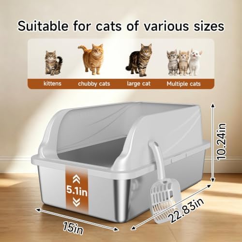 Stainless Steel XL Cat Litter Box, High‑Sides Anti‑Spill Metal Litter Pan - Image 6