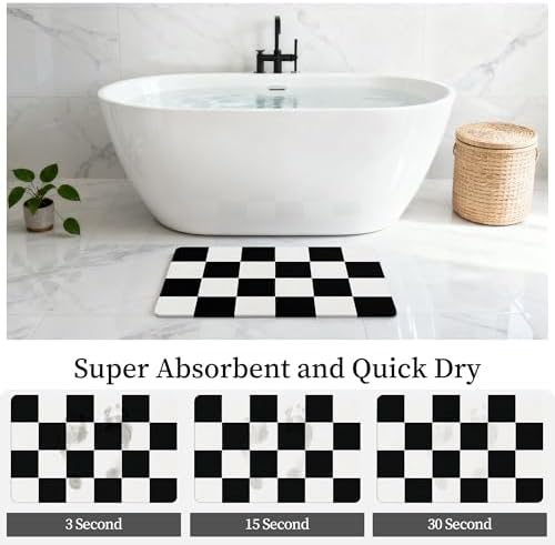 THMINS Black and White Checkered Stone Bath Mat - Image 5