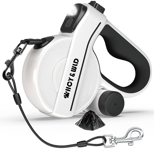Retractable Dog Leash with LED Flashlight & Poop Bag Holder by HCY%26WLD