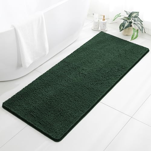 Chenille Bathroom Runner Rug 24"x60" Dark Green, Plush Bath Mat by Kildoss