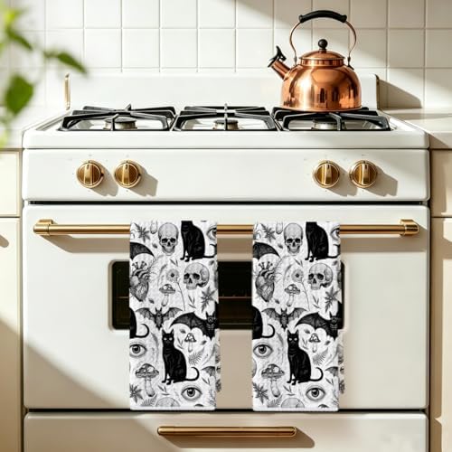 2 Pcs Skeleton Cat Kitchen Towels, Mushroom Durable Microfiber Tea Towels - Image 5