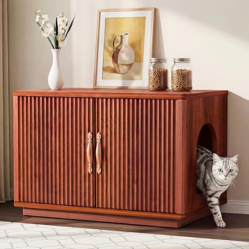 Amunrbrek Cat Litter Box Enclosure, 31.5" Fluted Walnut Hidden Cabinet by Amunrbrek