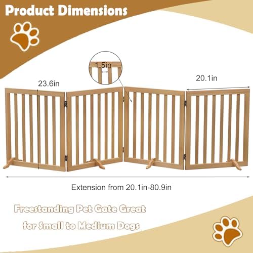 Wooden Foldable Dog Gate Freestanding 4 Panels Puppy Safety Fence-Brown - Image 3