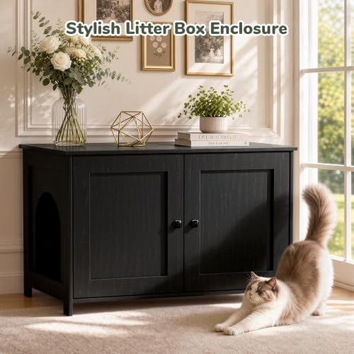 Hidden Cat Litter Box Enclosure Furniture, Dog Proof Kitty Washroom Cabinet - Image 5