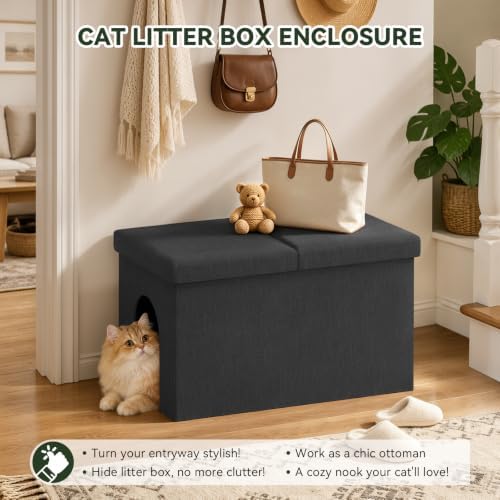 3-in-1 Cat Litter Box Enclosure Furniture, Cat Ottoman, Dark Grey - Image 4