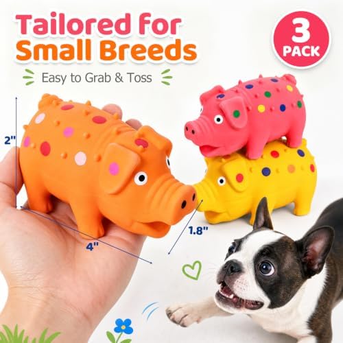 POPLAY 3 PCS Squeaky Latex Grunting Pig Dog Toys, 4 Inch Durable Rubber - Image 2