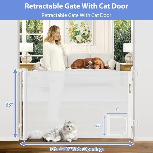 Retractable Baby Gates with Cat Door 80" Wide Retractable Dog Gate with Pet - Image 2
