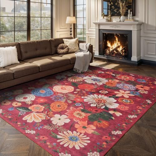 Red Floral Area Rugs 5x7 for Bedroom Livingroom Non-Slip - Image 6