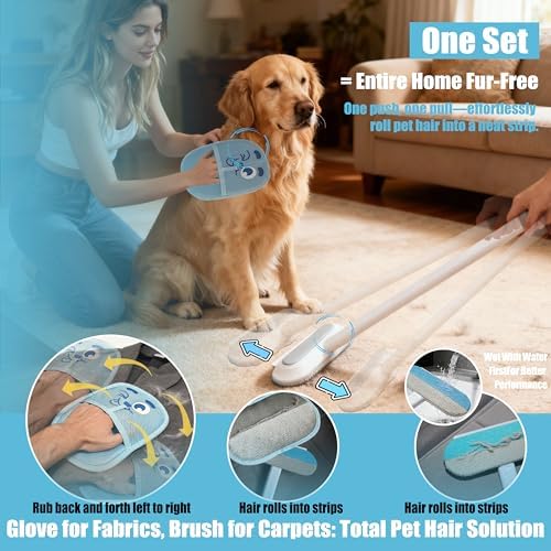 Pet Hair Remover Set, Magic Brush 4-in-1 Extended Handle & Electrostatic Glove - Image 4