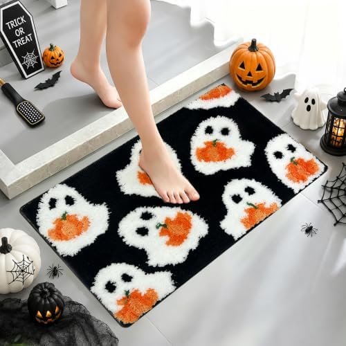 MEHOFOND Halloween Black Ghost Pumpkin Non-Slip Bathroom Rug, 20x30 Inch - Image 3