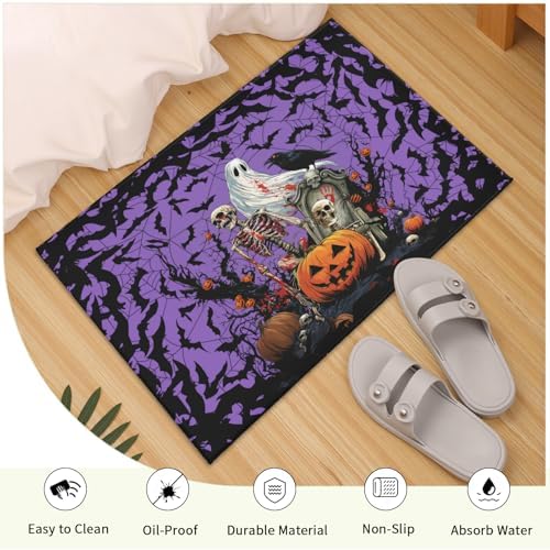 Giwawa Halloween Pumpkin Bath Rug Spooky Ghost Bat Bathtub Mat Washable Plush - Image 5