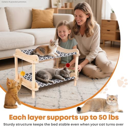 2-Layer Cat Hammock Bed, Breathable Washable Covers, Wooden Pet Furniture - Image 5