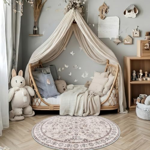 Washable Small Round Rug Soft Floral Low Pile Non Slip 2round Beige - Image 4