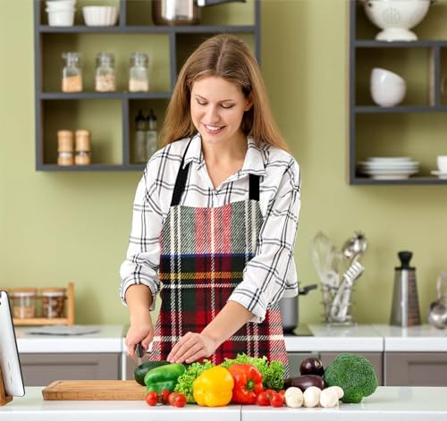 Red and White Wool Plaid Scottish Tartan Pattern Kitchen Apron - Image 5