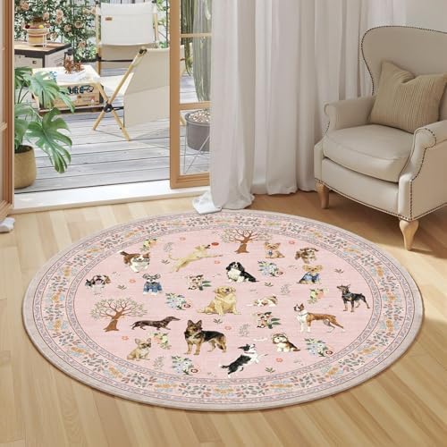 Pink 4Ft Round Dogs Area Rug for Living Room Bedroom - Image 5