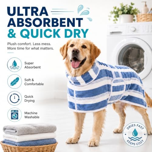 Quick-Dry Dog Bathrobe, Absorbent Striped Pet Towel Coat，Green：XS - Image 3