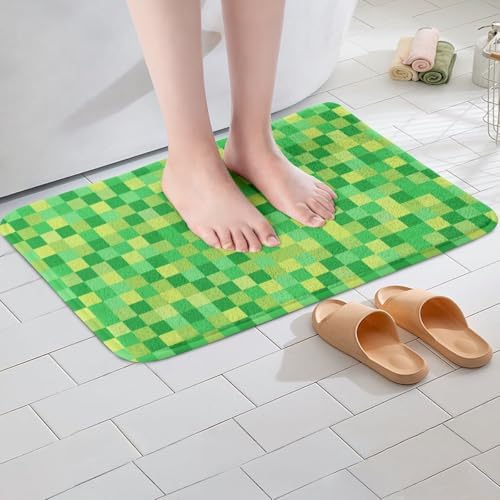 Pixelated Grid Bath Rug, Miners Lattice Games Shaggy Absorbent Non Slip Floor - Image 2