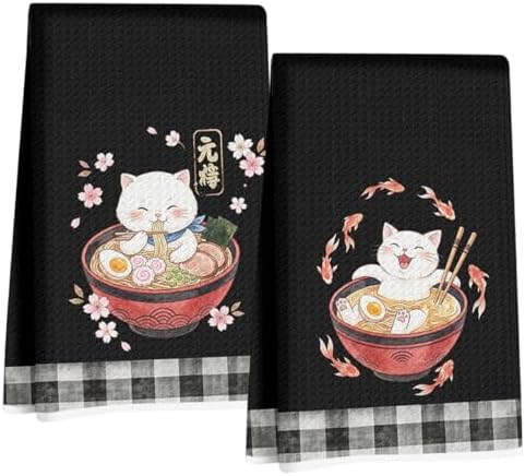Hanamiya Na 2 Pcs Funny Japanese Cat Eating Ramen Kitchen Towels 24x14 Inch by Hanamiya+Na