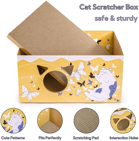 Tlence 2 Pack Cardboard Cat Scratcher Box, Butterfly Pattern Cat Hideaway House - Image 3
