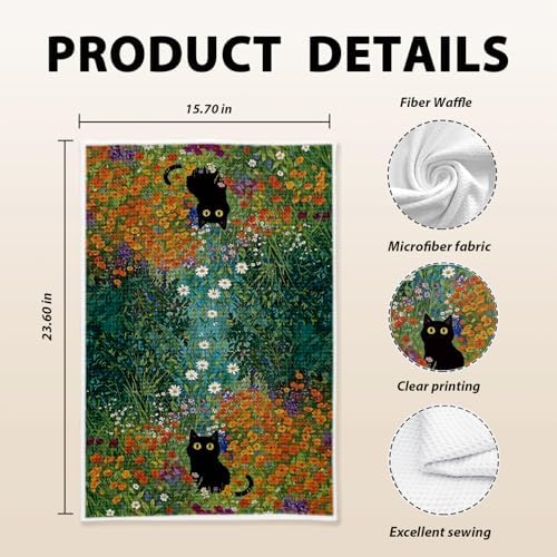 Black Cat Kitchen Towels, Cats Flower Decor - Image 5