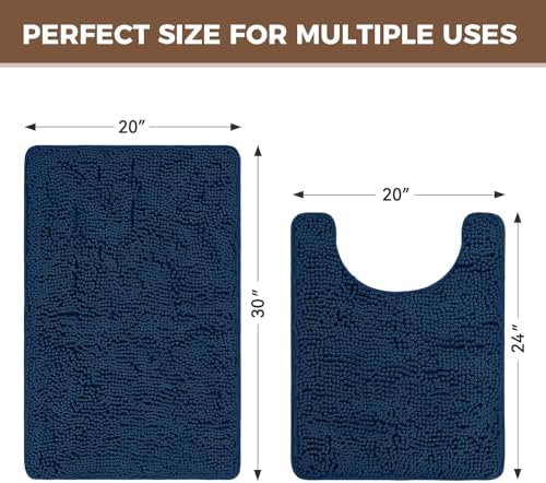 Bcoimo U Shaped Bath Rug Mat Set, 2 Piece Chenille Navy Toilet Bathroom Rugs - Image 2
