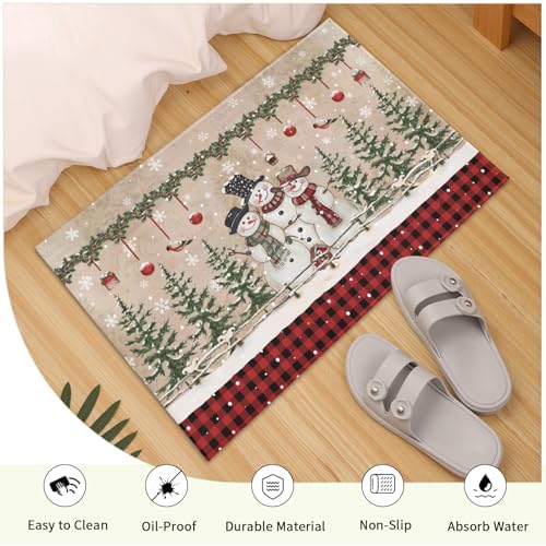Giwawa Winter Snowman Bath Rug Red Buffalo Plaid Bathtub Mats Soft Absorbent - Image 5