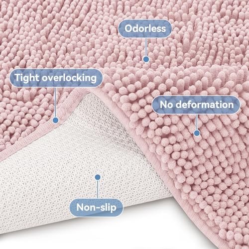 Bcoimo Bath Rug Mat, 30x20 Chenille Non Slip Pink Bathroom Floor Shower Mats - Image 4
