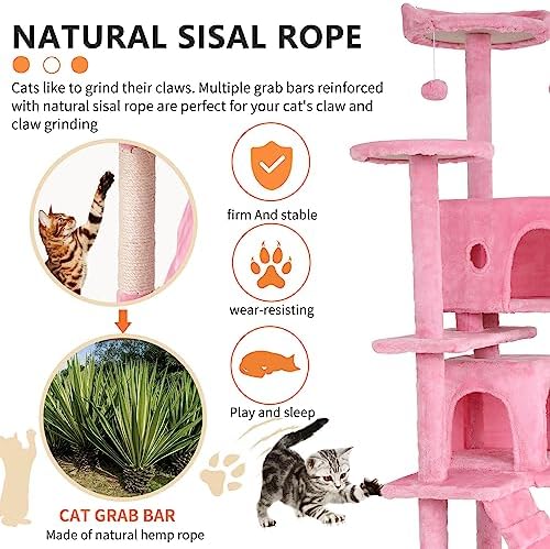 BestPet | 70" Cat Tree Tower | Pink | Sturdy Multi-Level Cat Tree - Image 4