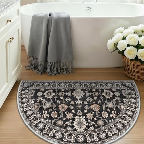 Black Vintage Washable Entryway Rug：1.7x3 Semicircular Non Slip Resistant Design - Image 4