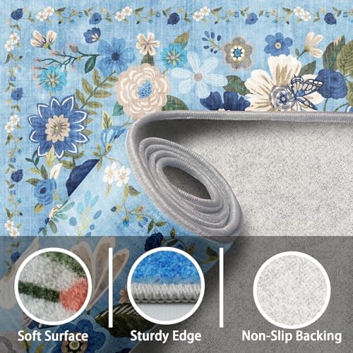 Floral Area Rugs 5x7 for Bedroom Livingroom Blue Non-Slip - Image 3