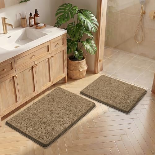 Bcoimo Bath Rug Mat Sets, 2 Piece Extra Soft Chenille Tan Bathroom Mat Set - Image 5