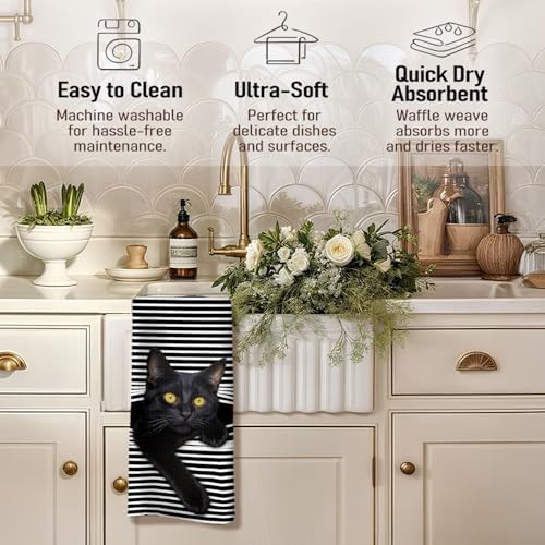 Black Cat Kitchen Dish Towels, Cat Lovers Mom Dad Lady Gifts Decorative Hand - Image 3