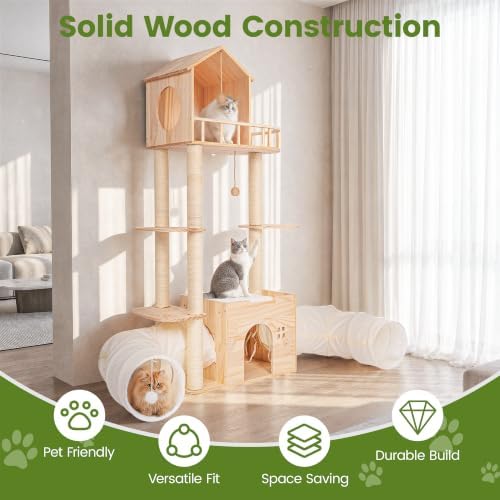 58-Inch Solid Wood Cat Tree for Indoor Cats, Tall Cat Tower, Double Tunnels - Image 3
