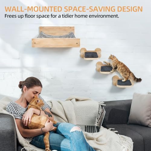 Cat Wall Hammock with 3 Steps, Pine Wood Wall Mounted Kitty Bed & Climbing - Image 5