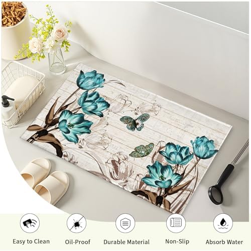 Giwawa Teal Floral Bath Rug Butterfly Flower Bath Carpet Soft Bathroom Plush - Image 4