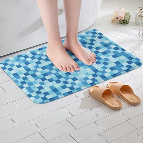 Pixelated Miners Theme Bath Rug, Geometric Check Video Games Shaggy Absorbent - Image 2