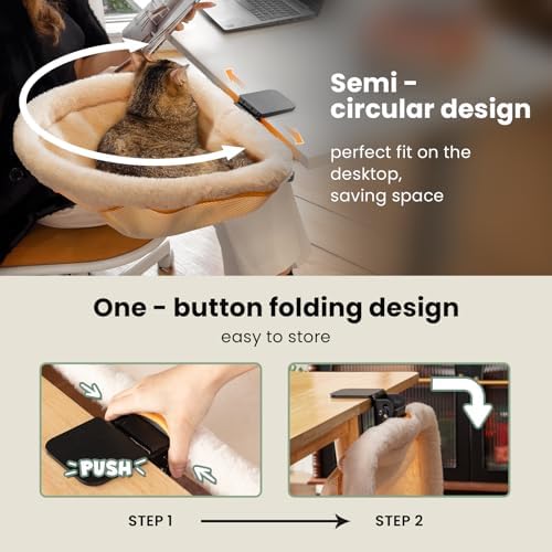 JUNSPOW Cat Desk Bed One-Click Folding Maximum Holds 40lb, Cream Fur - Image 4