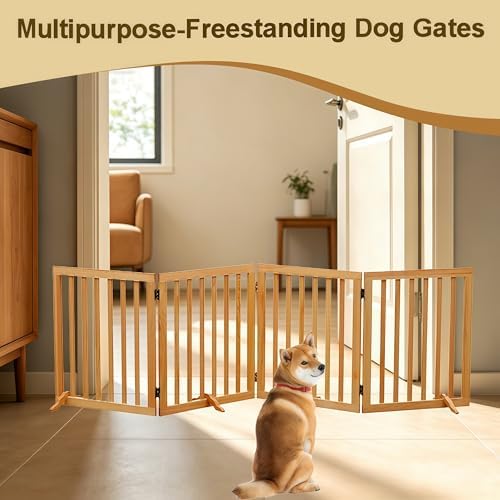 Wooden Foldable Dog Gate Freestanding 4 Panels Puppy Safety Fence-Brown - Image 5