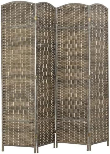 HOMCOM 4 Panel Room Divider 6 Ft Privacy Screen Hand-Woven Dark Rustic Oak by HOMCOM