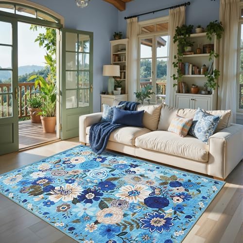 Floral Area Rugs 5x7 for Bedroom Livingroom Blue Non-Slip by WelcometoBabovid