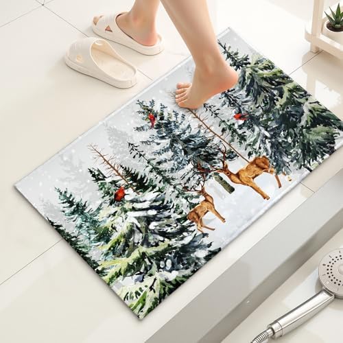 Pine Tree Bath Rug Winter Forest Deer Bathtub Mats 20X32 Inch Non Slip - Image 2